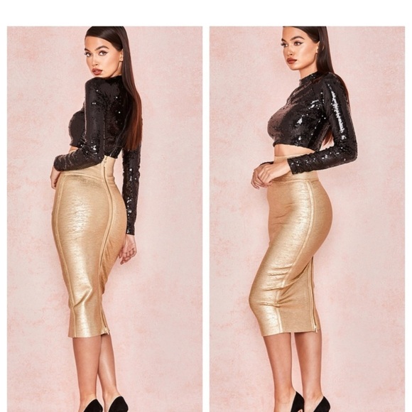 ‼️WOW‼️NEW HOUSE OF CB Michaela Gold Foil Bandage Super High Waisted Skirt ‼️ - Picture 7 of 11